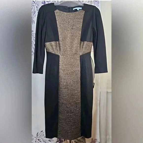 Antonio Melani Black and Gold Long Sleeve A-Line Knee Length Dress- Size 8- NWT - Picture 2 of 5